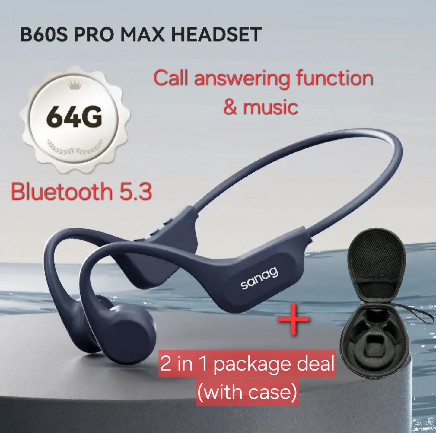 SANAG B60S Pro Max Bone Conduction Headphone Navy 64GB Bluetooth 5.3 with Case