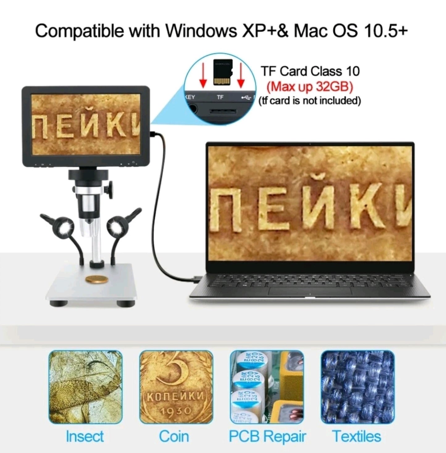 Digital Magnifier Soldering Microscope Rechargeable 7Inch 12MP 1800P 1200x - NEW