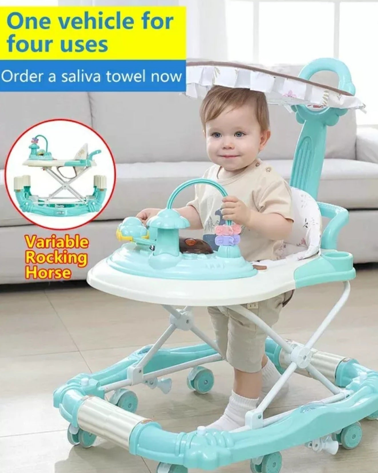 Multifunctional 2 in 1 Baby Walker & Rocking Chair Mute Wheels+Shade & Napkin 👶