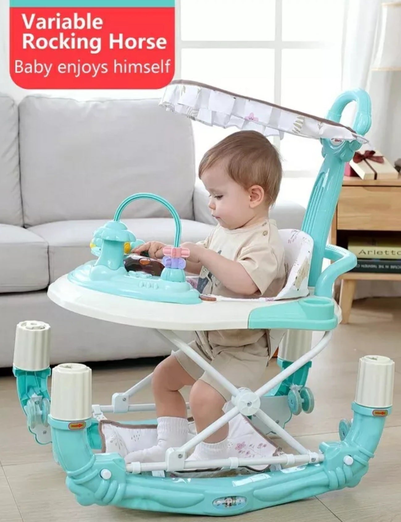 Multifunctional 2 in 1 Baby Walker & Rocking Chair Mute Wheels+Shade & Napkin 👶