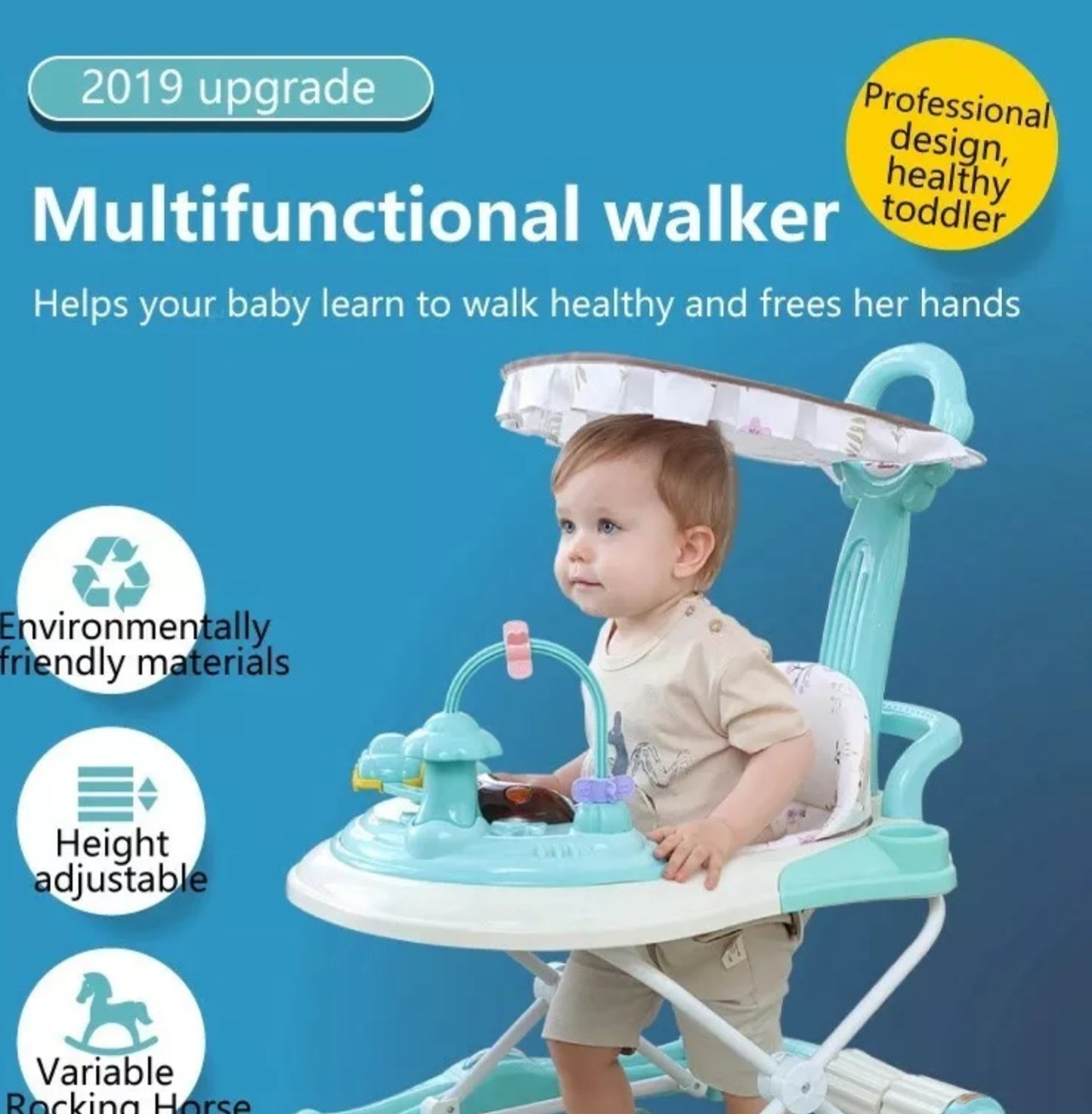Multifunctional 2 in 1 Baby Walker & Rocking Chair Mute Wheels+Shade & Napkin 👶