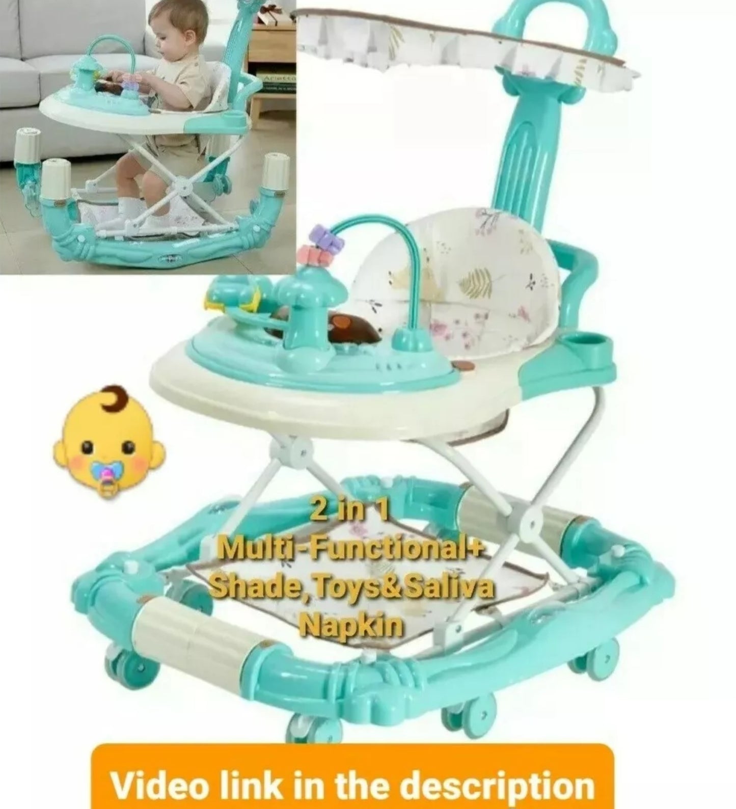 Multifunctional 2 in 1 Baby Walker & Rocking Chair Mute Wheels+Shade & Napkin 👶