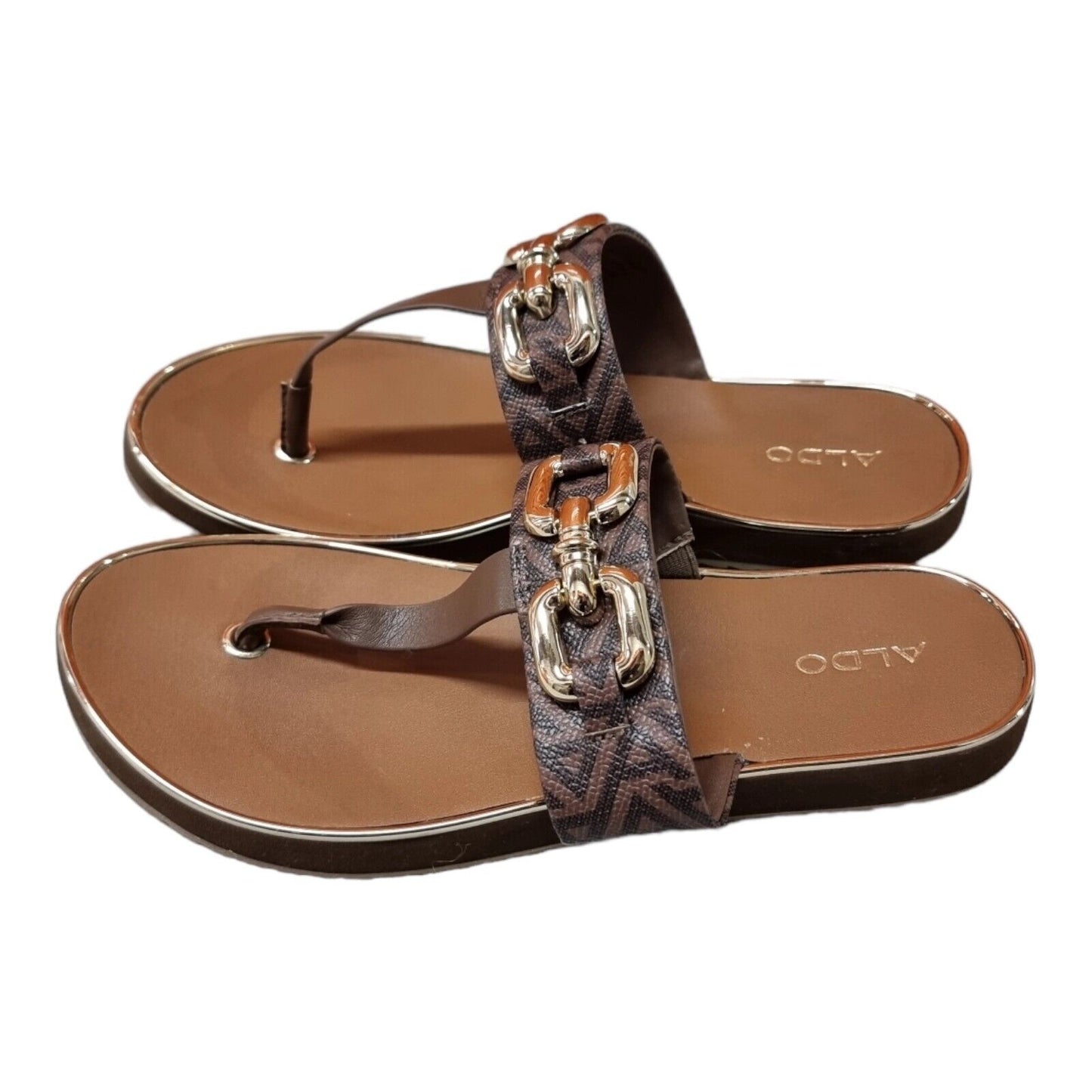 ALDO Flats Womens Sandals Brown/Gold Slide Shoes Size 7.5 US, 38 EUR, 5 UK