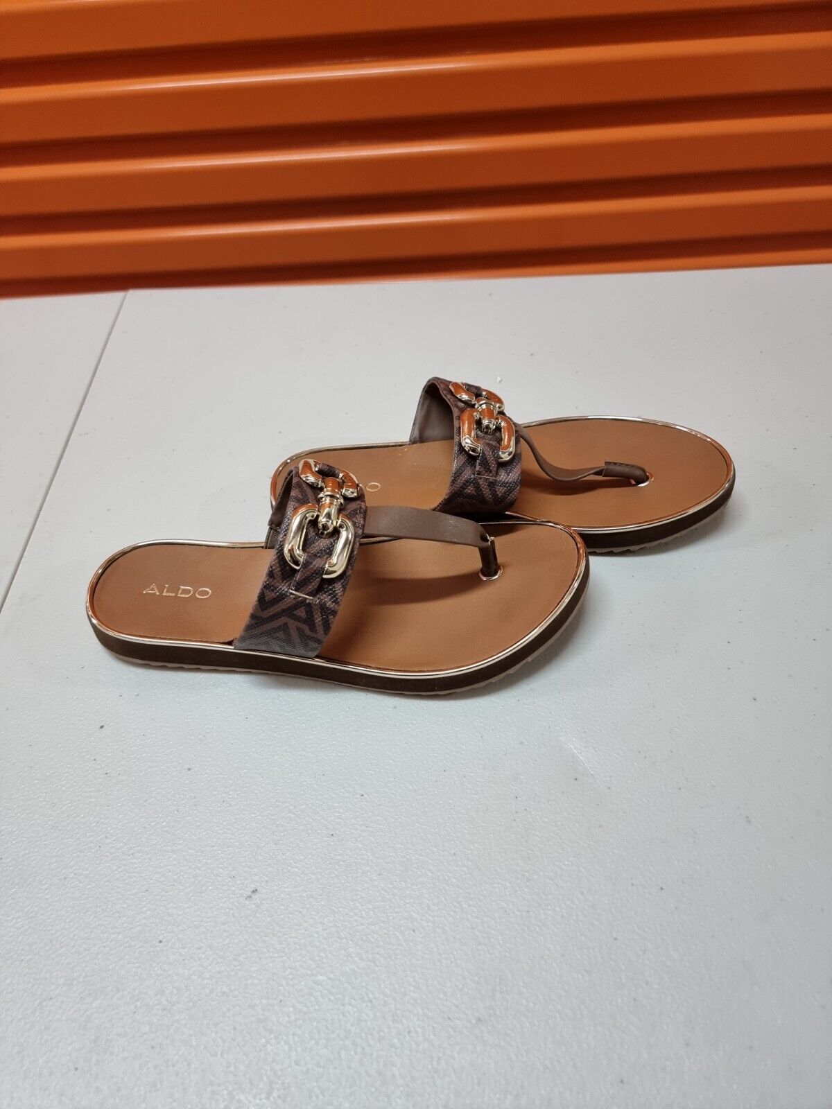 ALDO Flats Womens Sandals Brown/Gold Slide Shoes Size 7.5 US, 38 EUR, 5 UK
