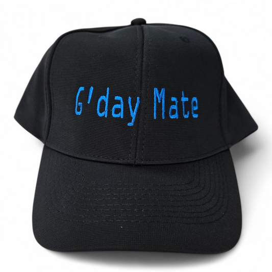 Gday Mate Cap Customised Black Unisex Hat Mens Womens Royal Blue Text Embroidery