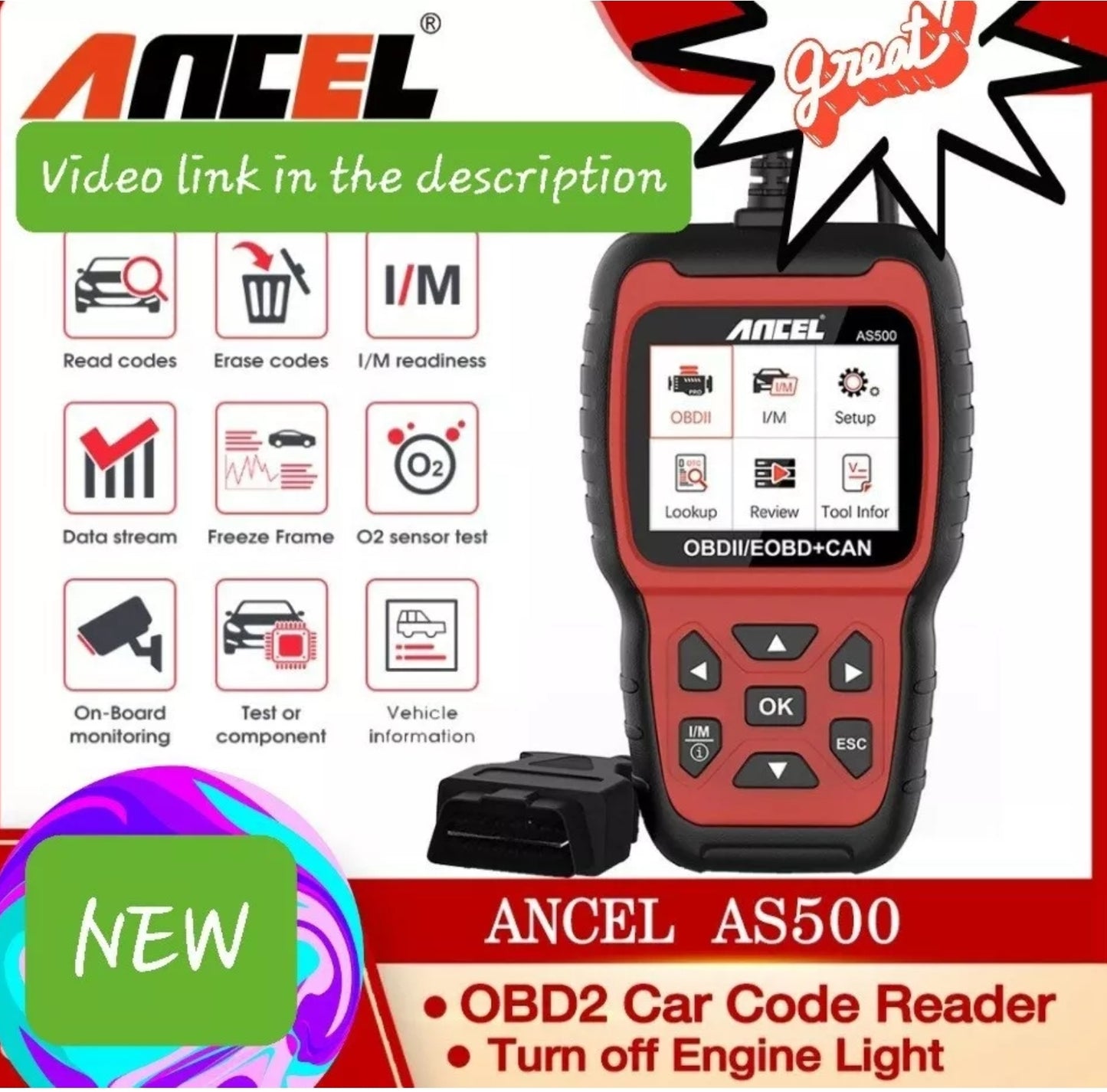 New ANCEL AS500 Car OBD2 Scanner Engine Diagnostic Scan Tool & Auto Code Reader