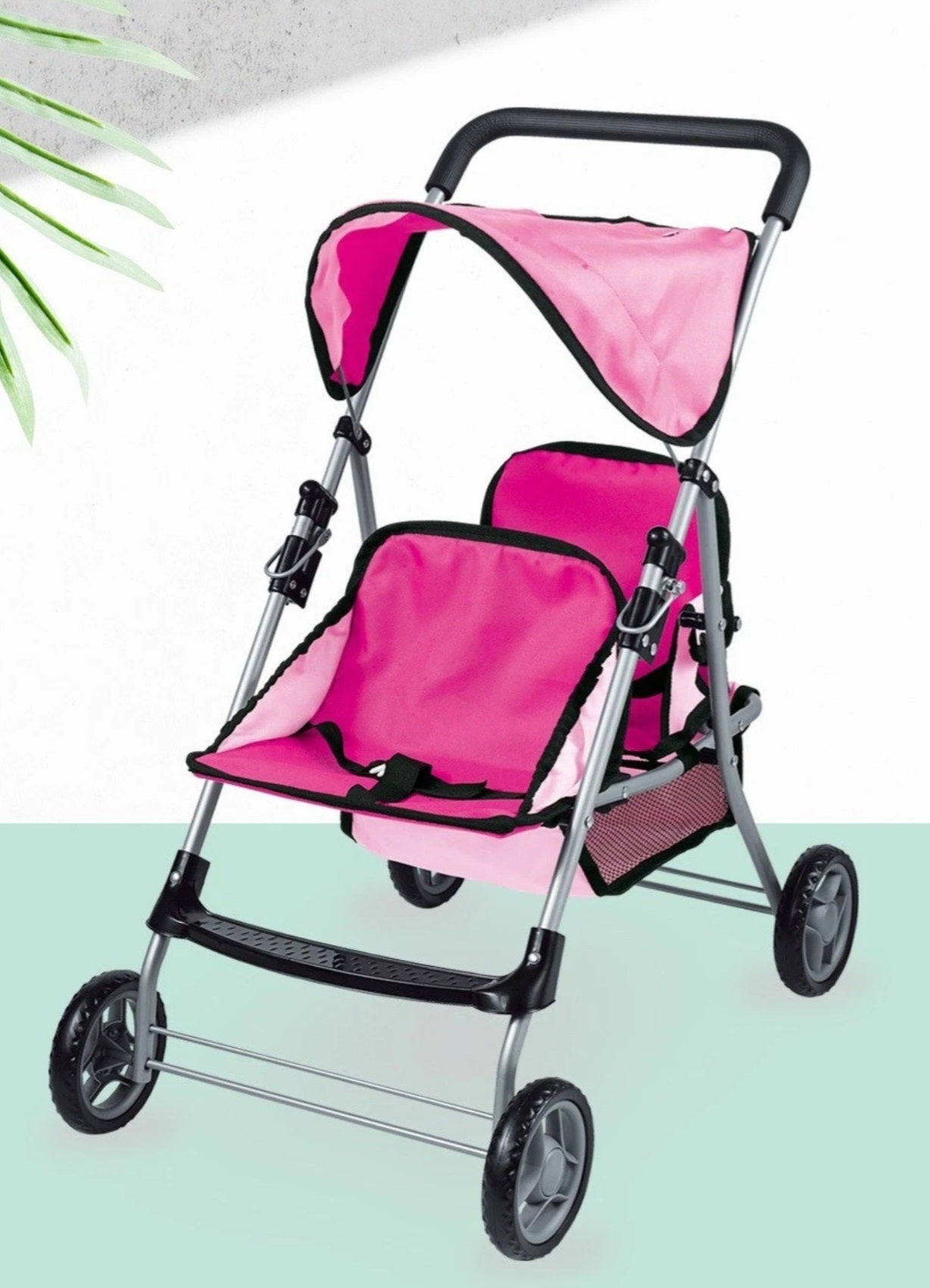 New Twin Doll Stroller Foldable Toy Pink Pram with Canopy & Basket - Lightweight