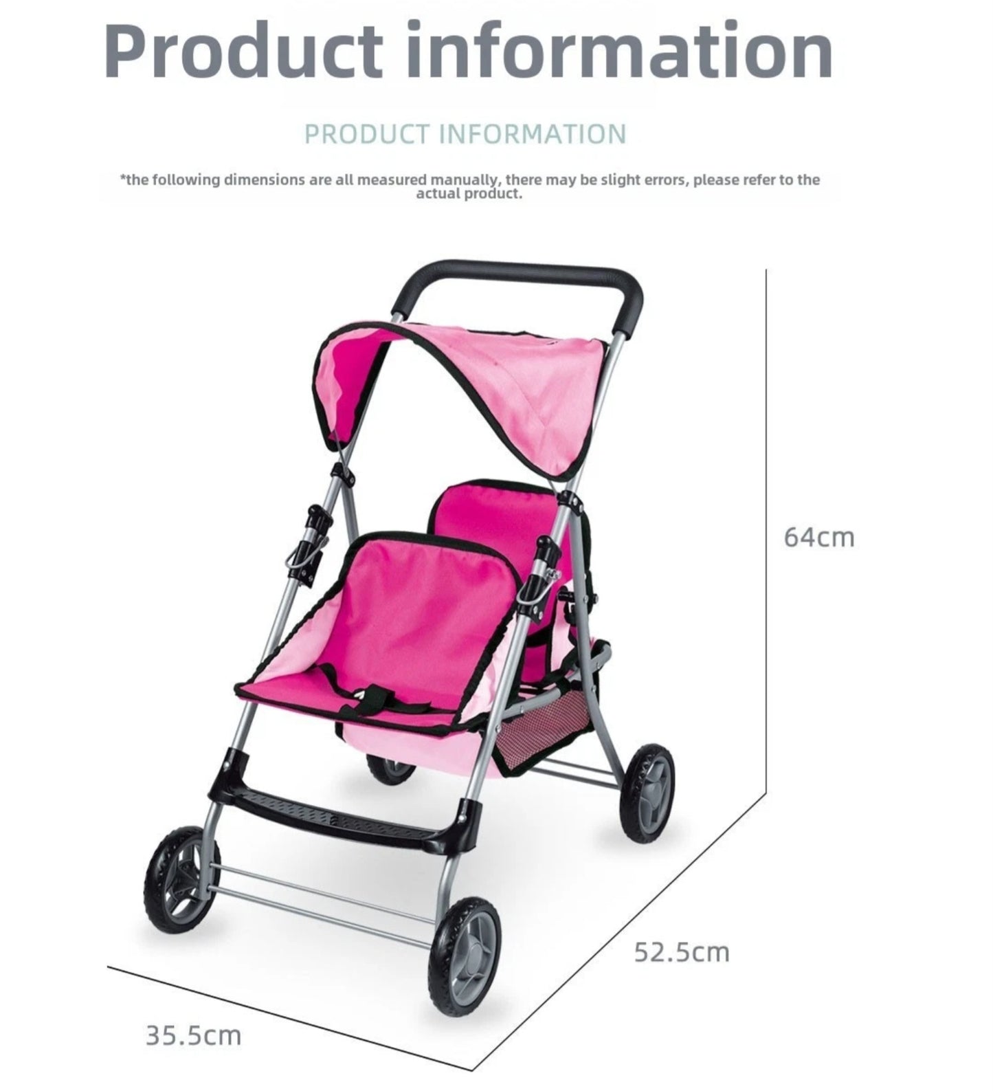 New Twin Doll Stroller Foldable Toy Pink Pram with Canopy & Basket - Lightweight