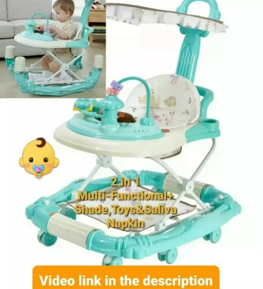 Multifunctional 2 in 1 Baby Walker & Rocking Chair Mute Wheels+Shade & Napkin 👶